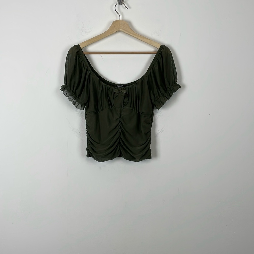 Thorn & Fable Babydoll Crop Short Mesh Sleeve Pullover Ruched Stretch Womens M